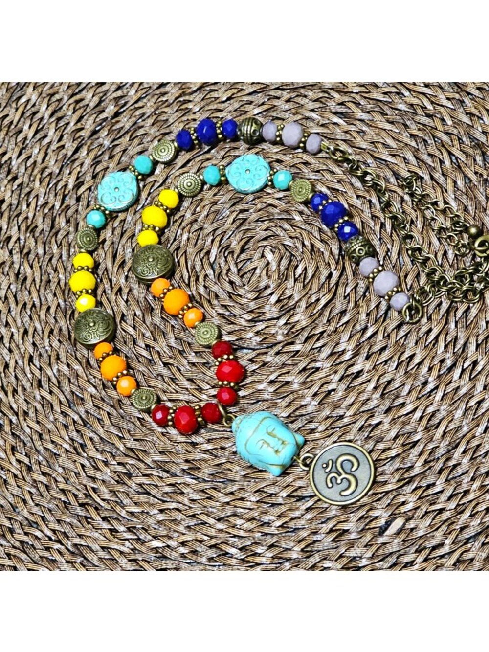 Artisan Necklace Buddha Om Aum Symbol Chakras Rainbow Colors Antique Gold Beads